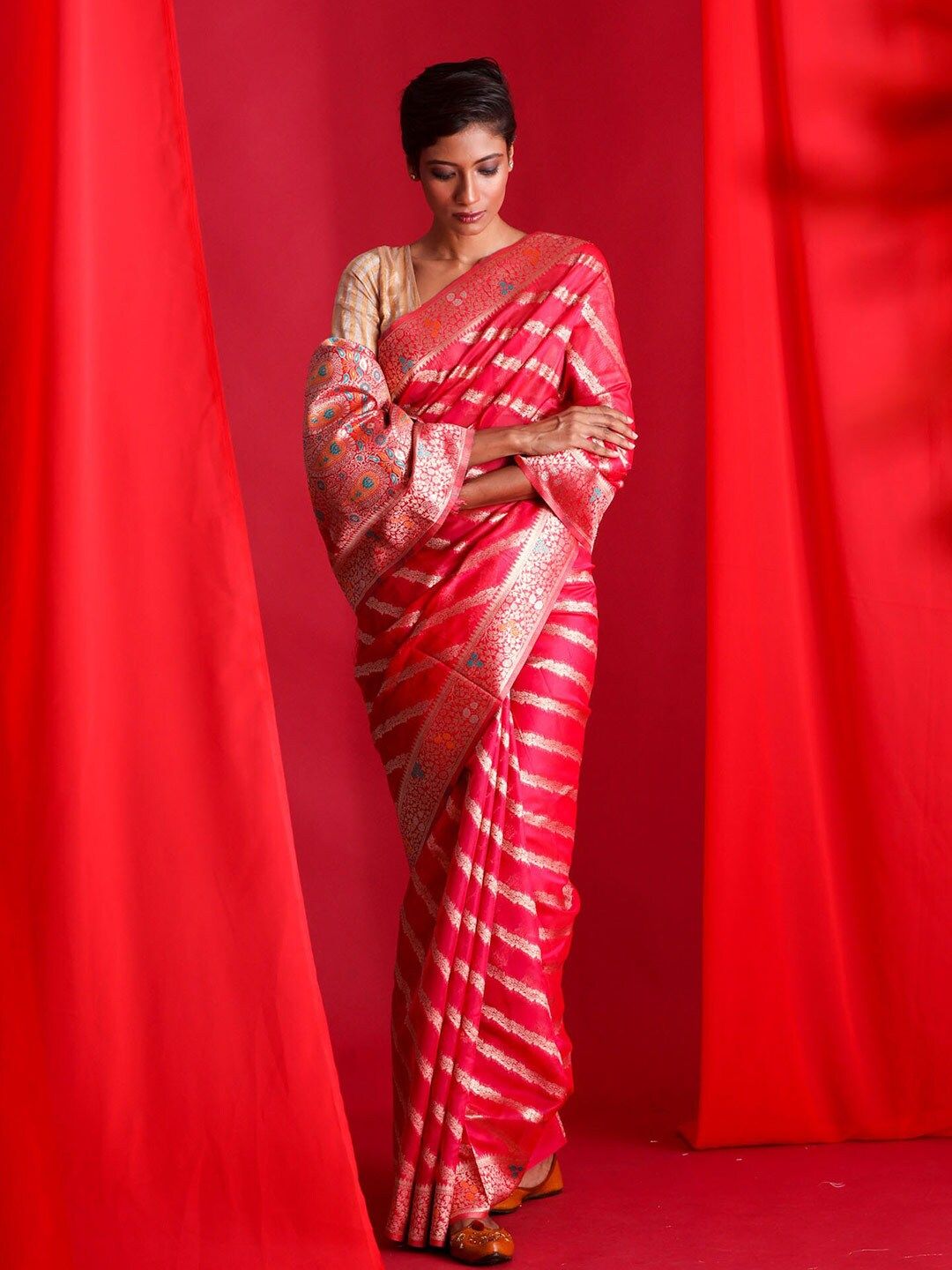 BEATITUDE Pink & Blue Woven Design Zari Organza Banarasi Saree Price in India