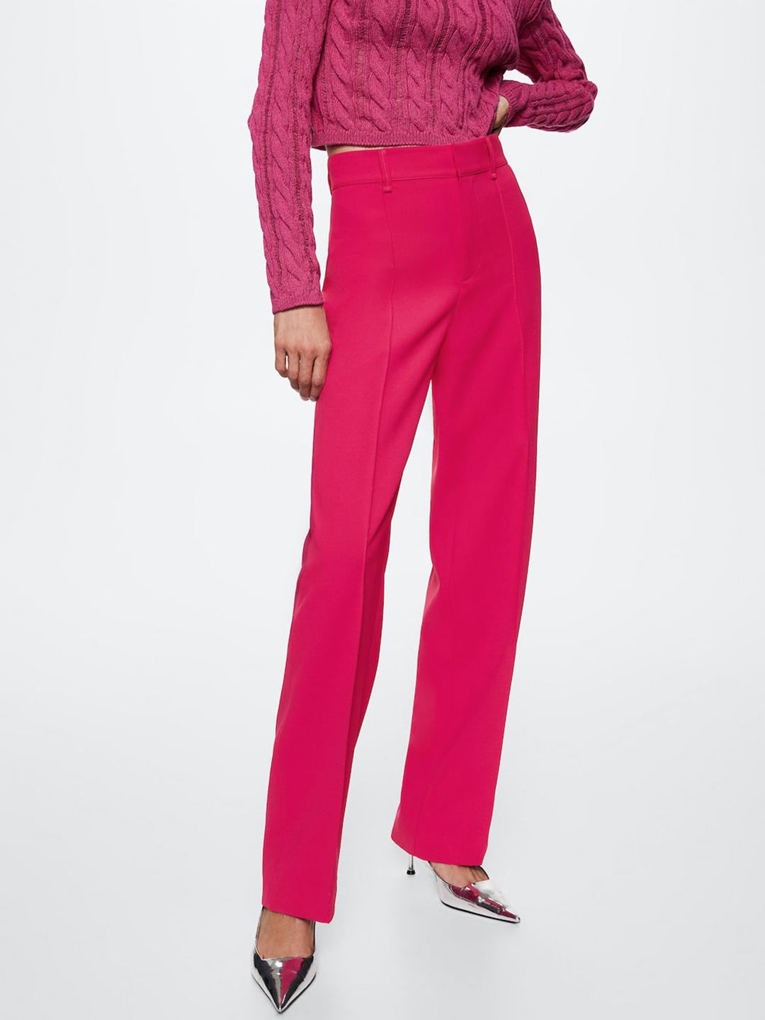 MANGO Women Pink Solid Sustainable Trousers Price in India