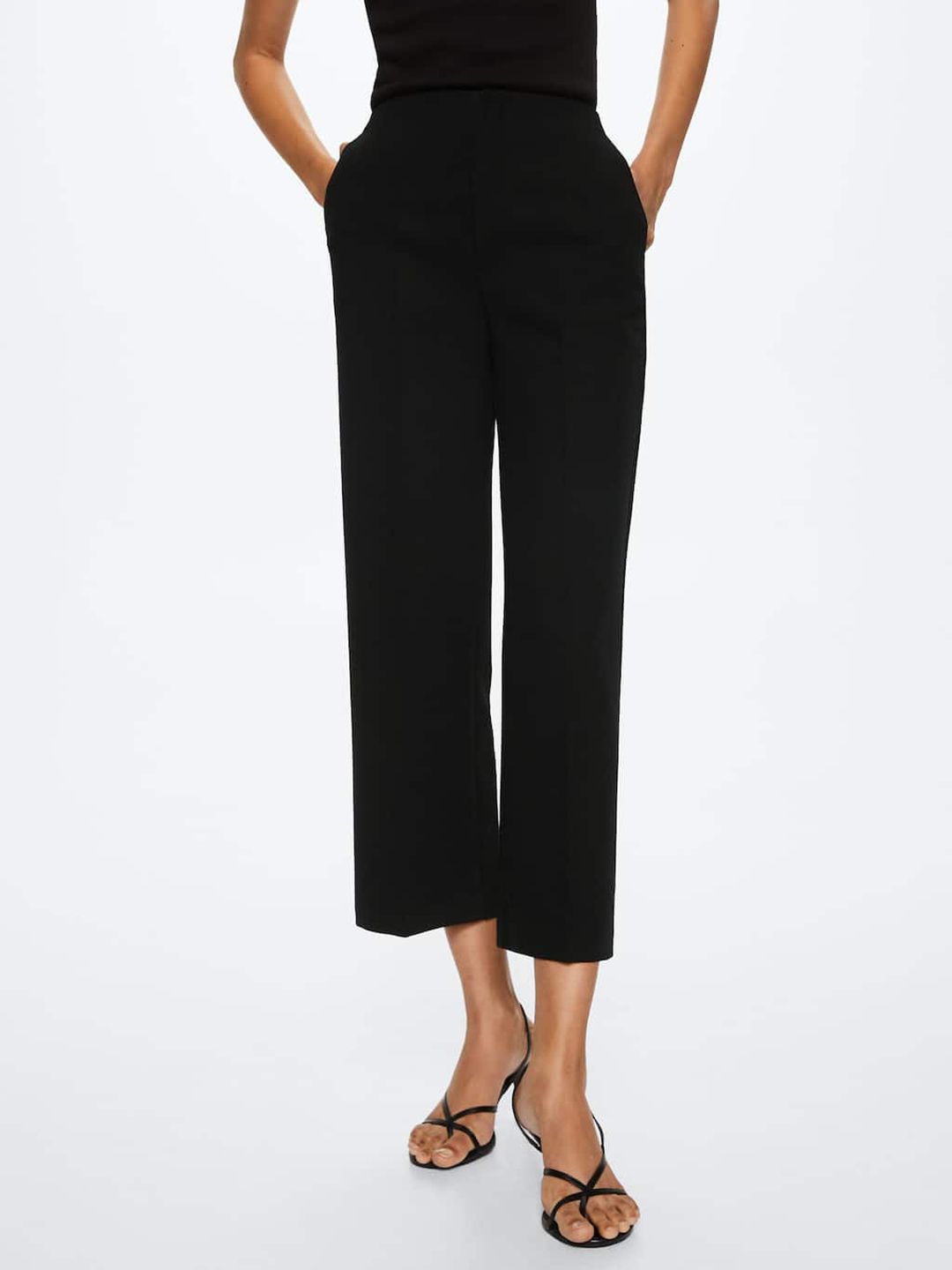 MANGO Women Black Solid Cropped Trousers Price in India