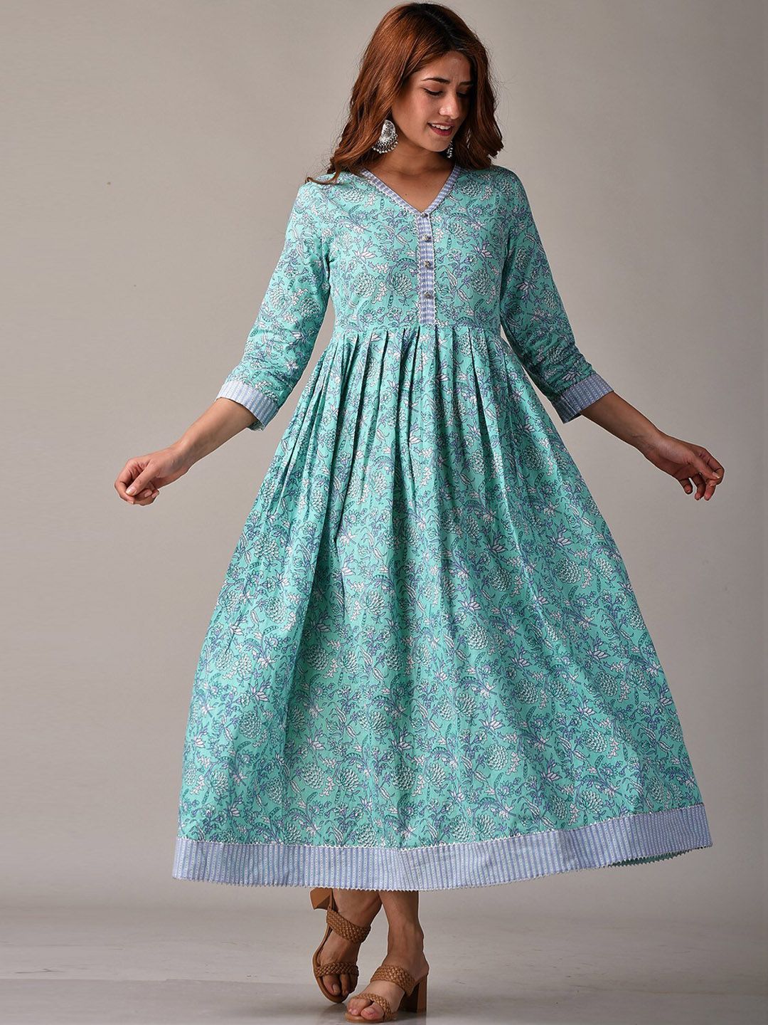 KANNAHI Women Sea Green Floral Printed Cotton Ethnic A-Line Dress Price in India