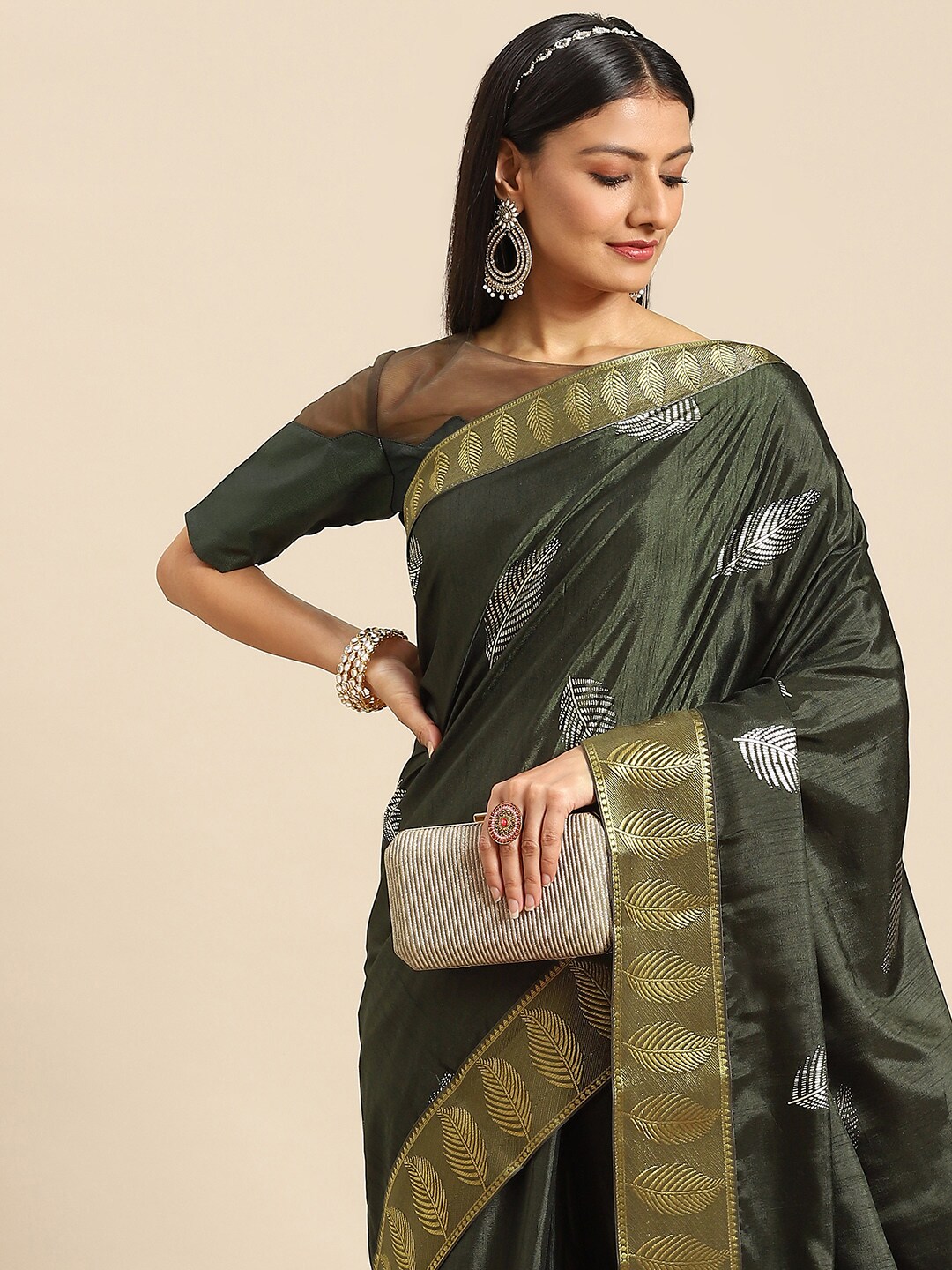 all about you Women Green & White Floral Woven Design Saree Price in India