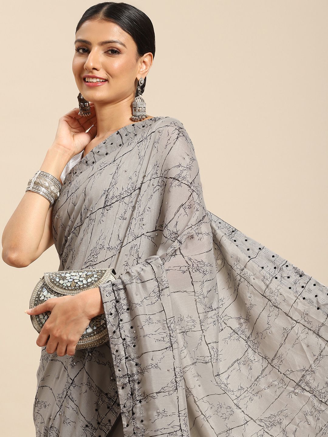 all about you Women Grey & Black Printed Saree Price in India
