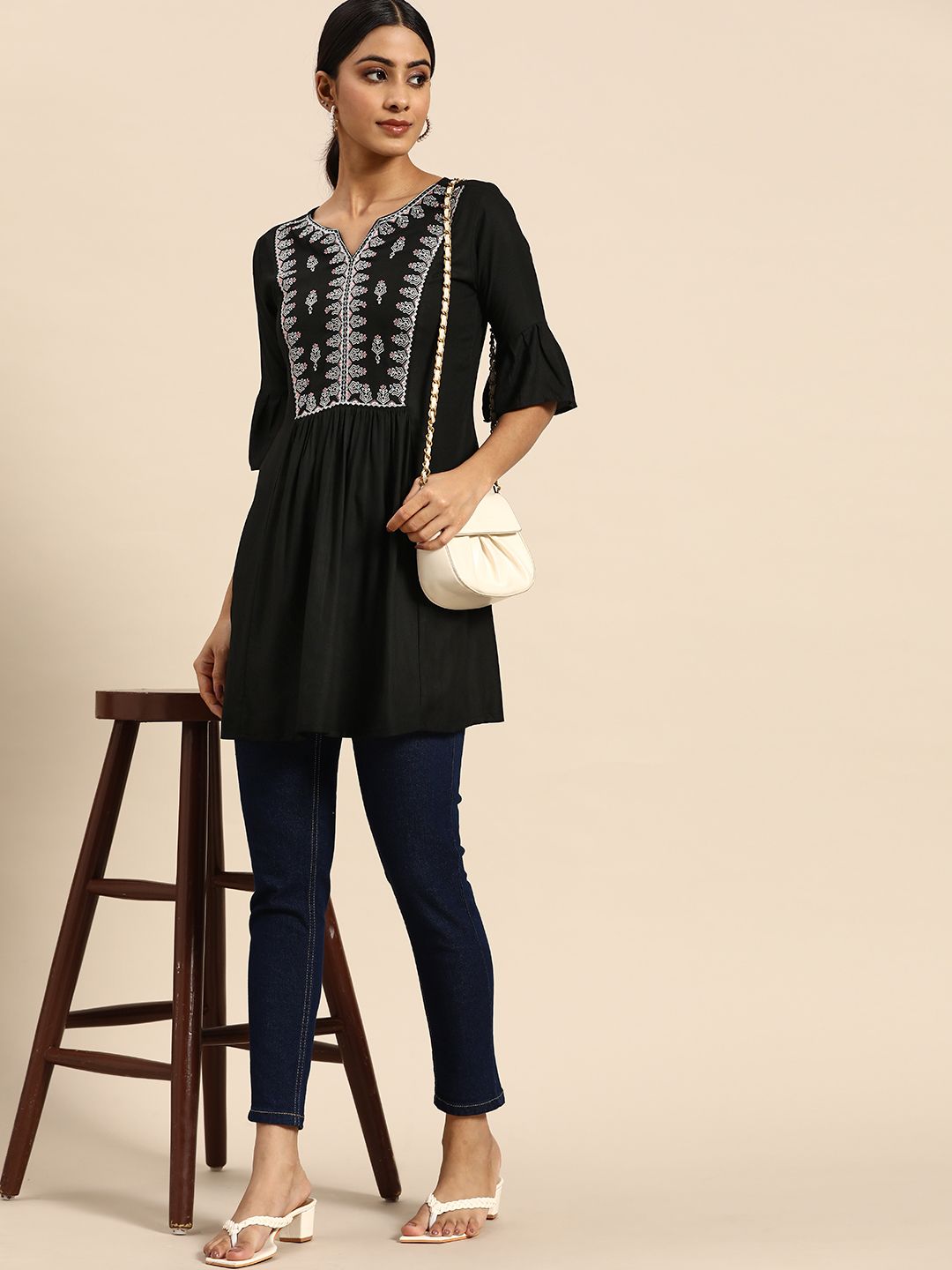 all about you Black Embroidered Longline A-Line Top Price in India