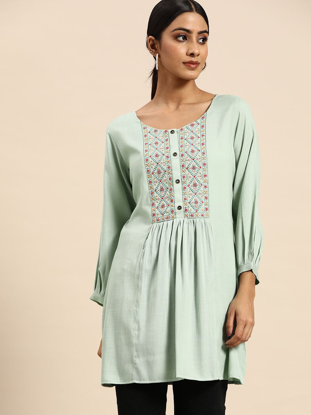 all about you Sea Green Floral Embroidered Longline A-Line Top Price in India