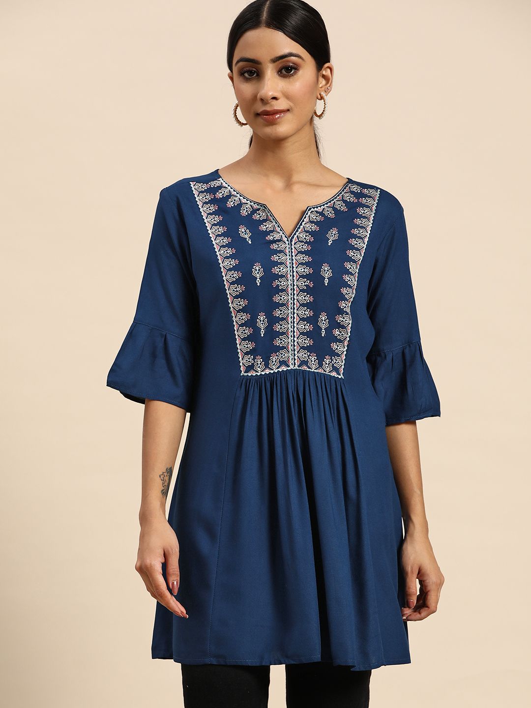 all about you Navy Blue Embroidered Longline A-Line Top Price in India