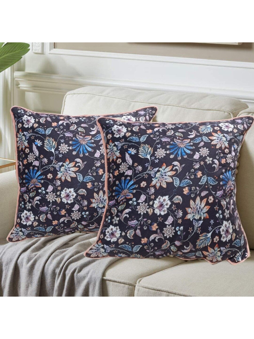 HERE&NOW Blue & Pink Set of 2 Floral Velvet Square Cushion Covers Price in India