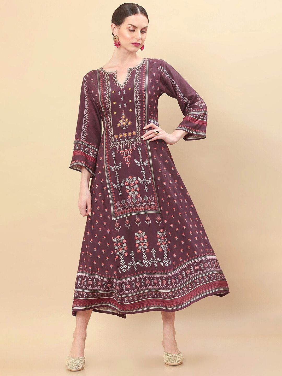 Soch Maroon Ethnic Motifs Crepe Ethnic A-Line Midi Dress Price in India