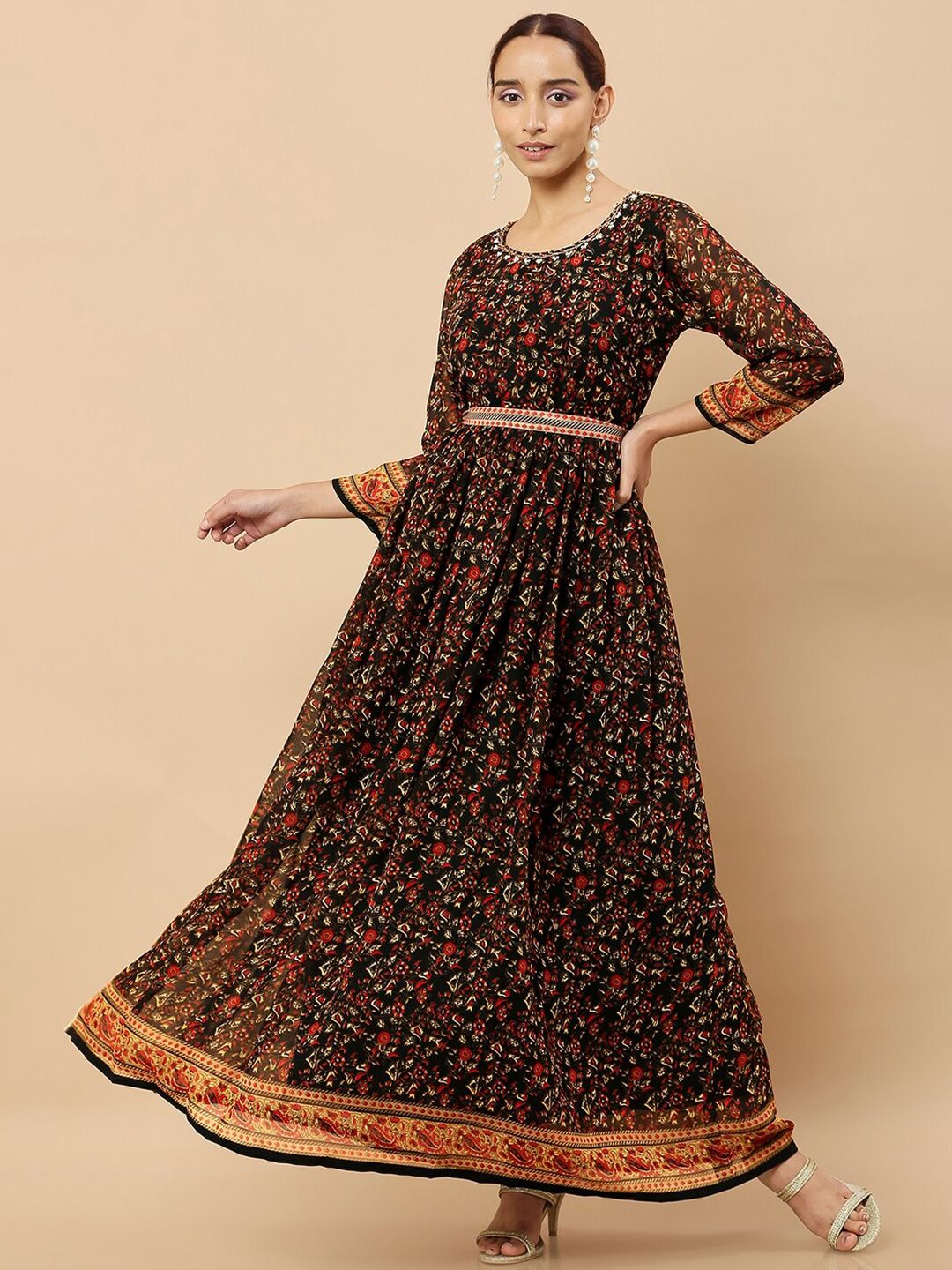 Soch Black & Red Floral Georgette Ethnic Maxi Dress Price in India