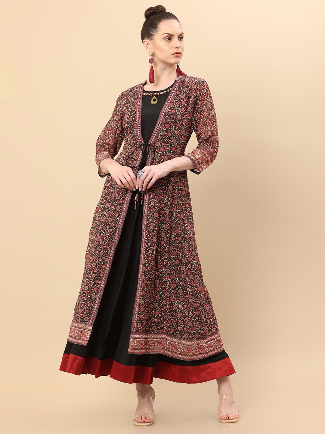 Soch Black Ethnic Motifs Georgette Printed Ethnic A-Line Maxi Dress With Jacket Price in India