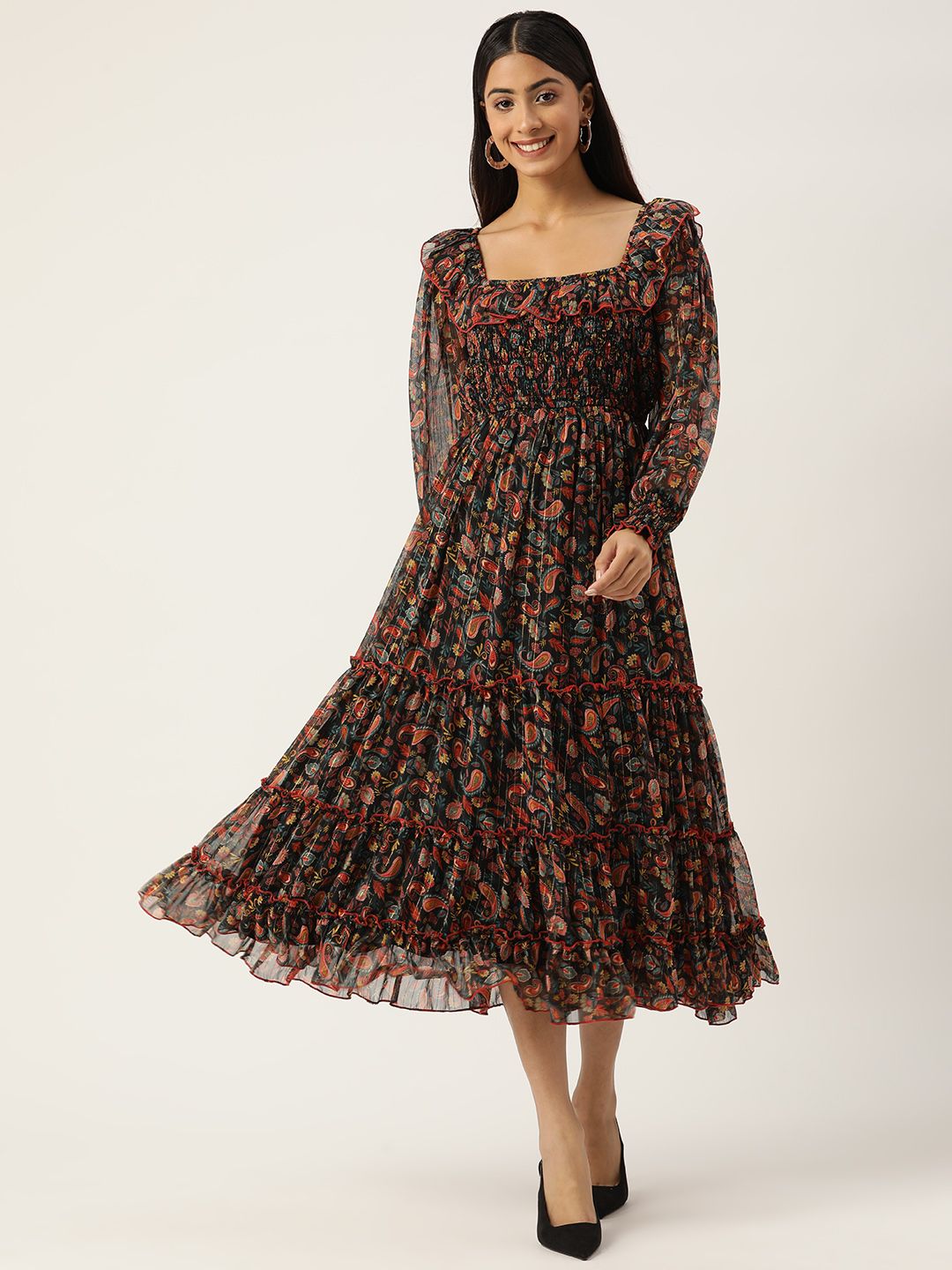 Antheaa Woman Floral Smocked Tiered Dress Price in India