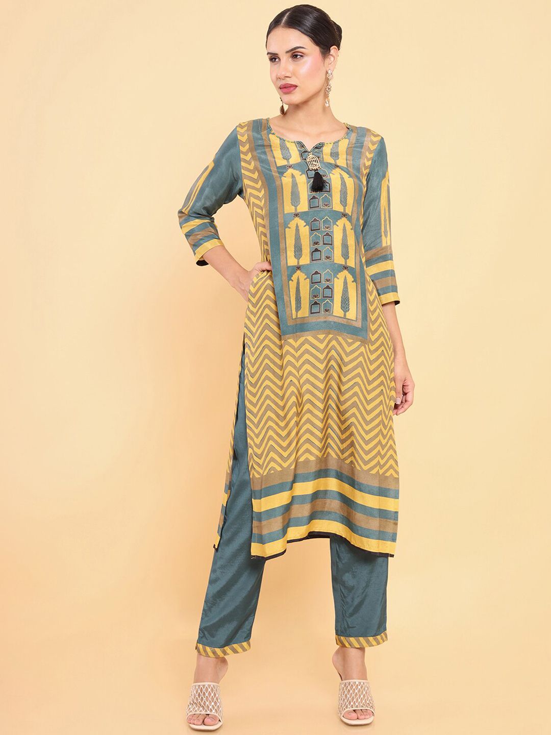 Soch Women Mustard Yellow Pure Cotton Printed Pure Cotton Kurta with Trousers Price in India
