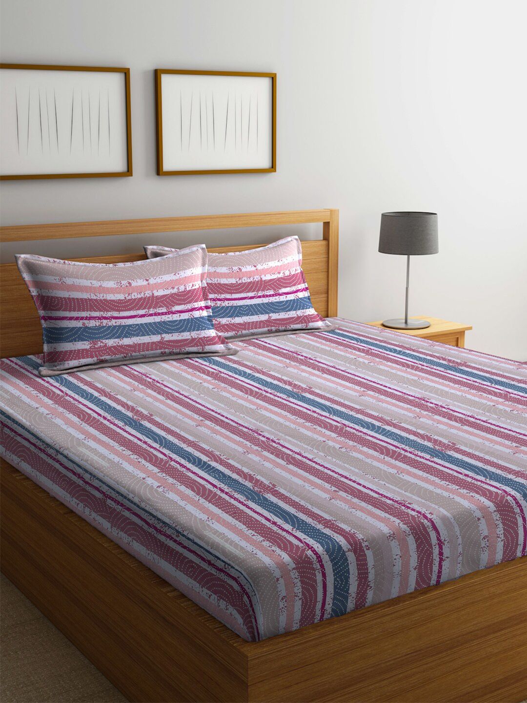 BOMBAY DYEING Beige & Pink Printed 120 TC Cotton Queen Bedsheet with 2 Pillow Covers Price in India