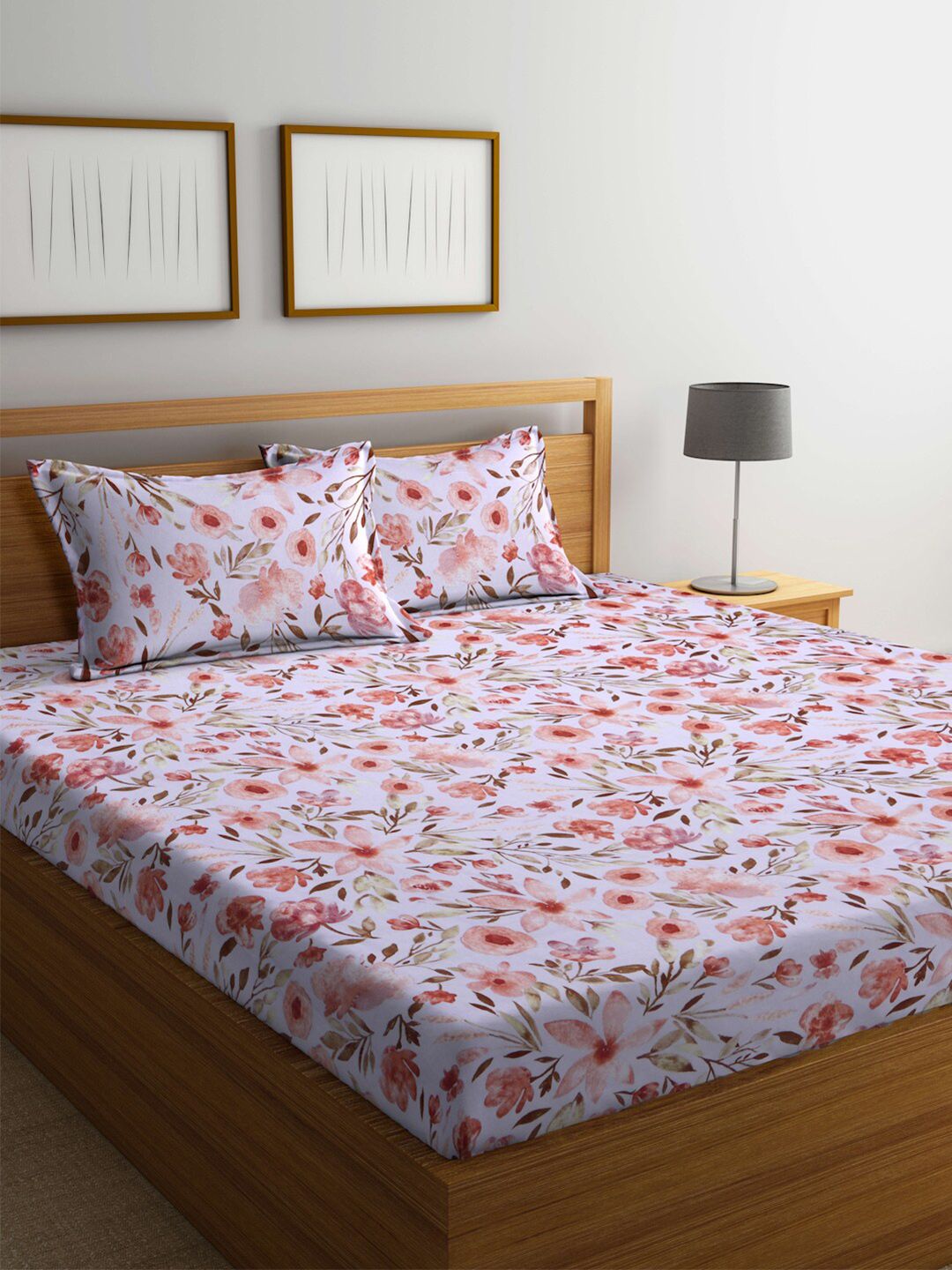 BOMBAY DYEING Pink & Green Cotton Floral 120 TC Queen Bedsheet with 2 Pillow Covers Price in India