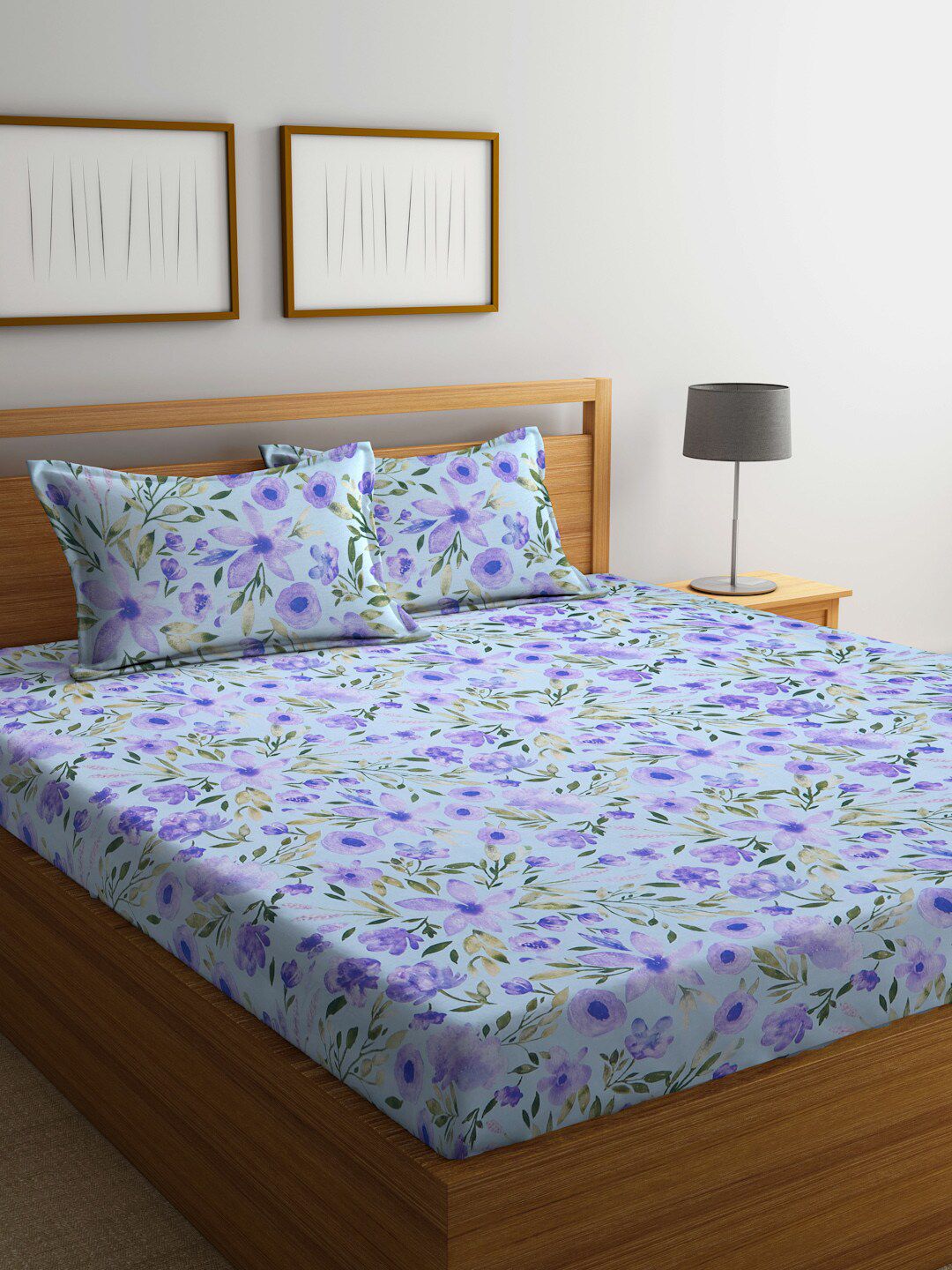 BOMBAY DYEING Blue & Purple Floral 120 TC Cotton Queen Bedsheet with 2 Pillow Covers Price in India
