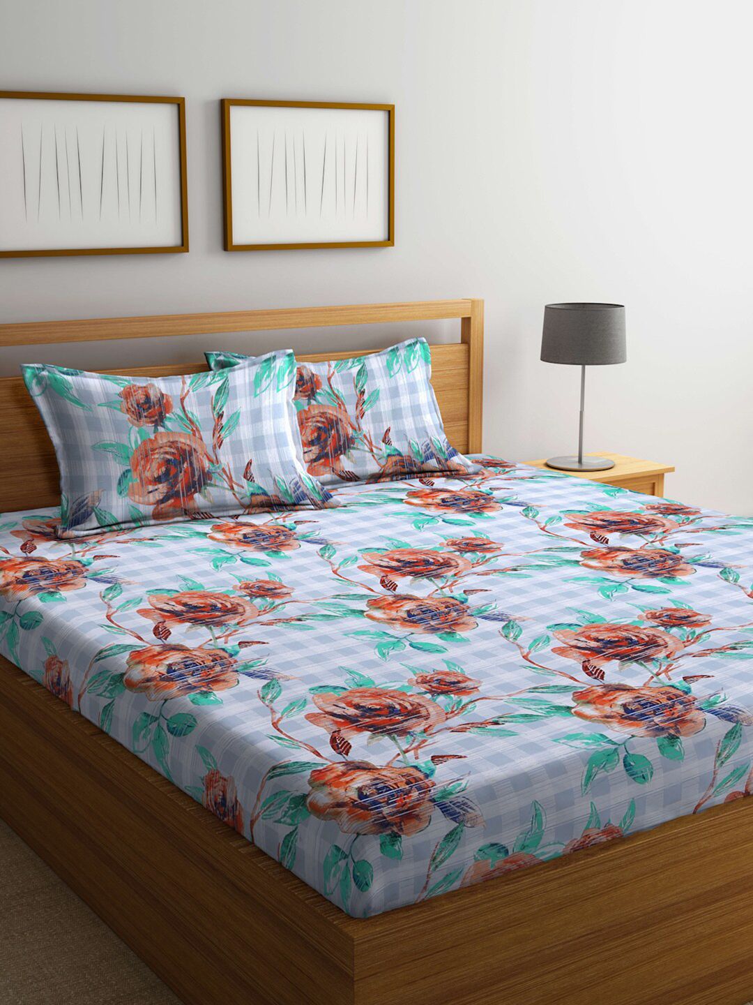 BOMBAY DYEING Grey & White Cotton Floral 120 TC King Bedsheet with 2 Pillow Covers Price in India