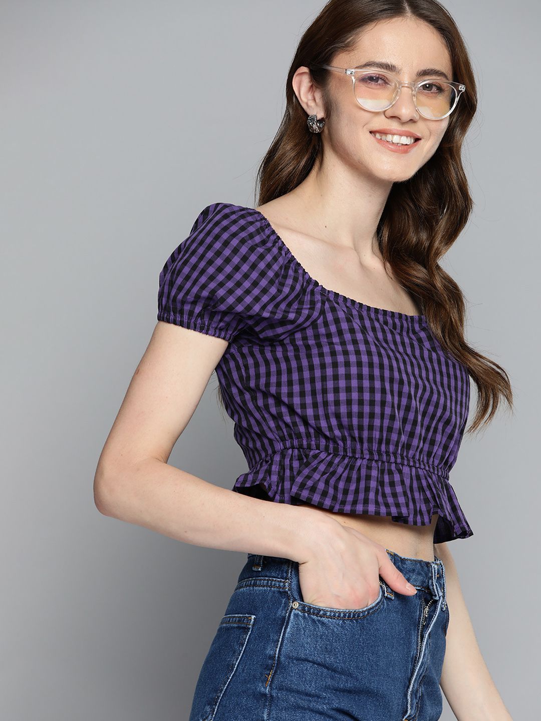 Mast & Harbour Checked Smocked Detail Crop Top Price in India