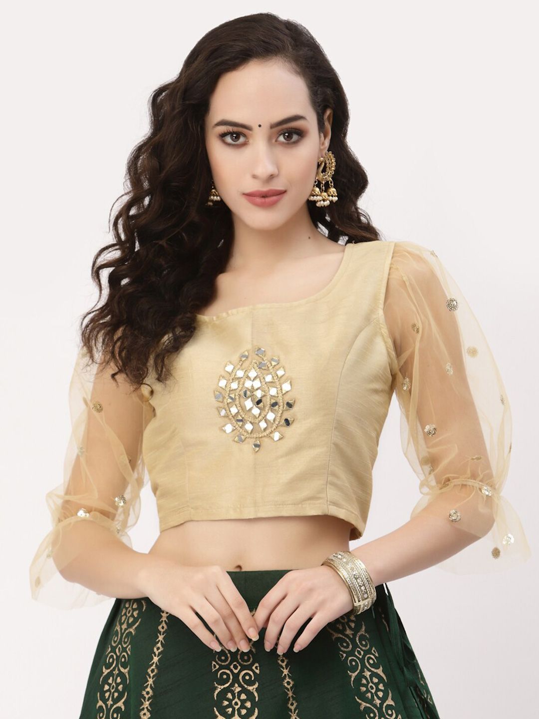 studio rasa Beige Embellished Net Sleeves Crop Top Price in India