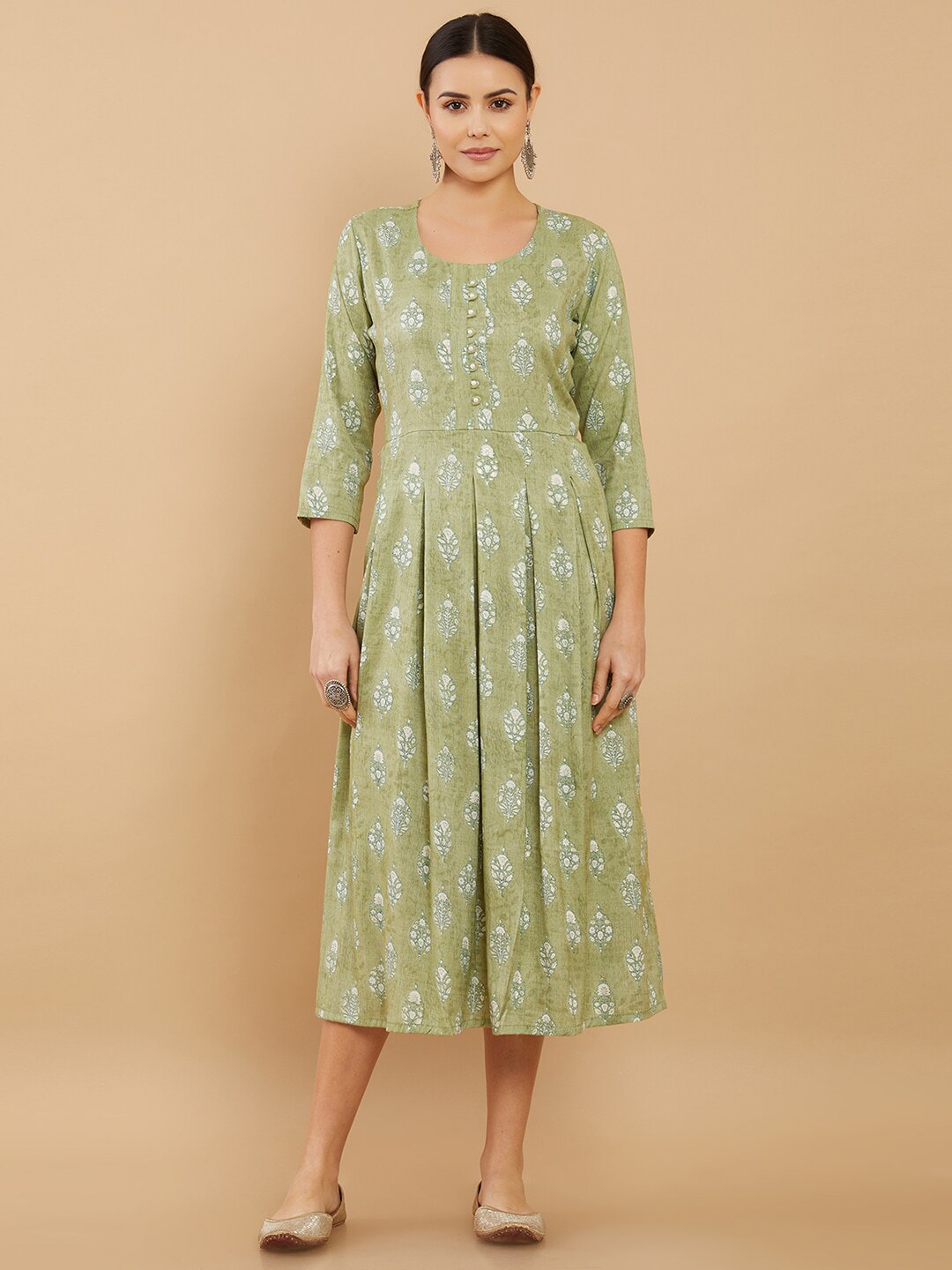 Soch Olive Green & White Floral Midi Dress Price in India