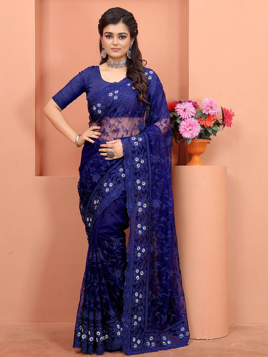 ODETTE Blue Floral Beads and Stones Net Saree Price in India