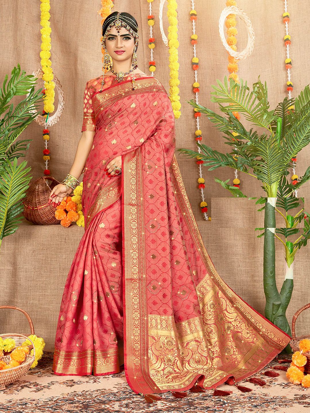 ODETTE Pink & Gold-Toned Ethnic Motifs Zari Saree Price in India