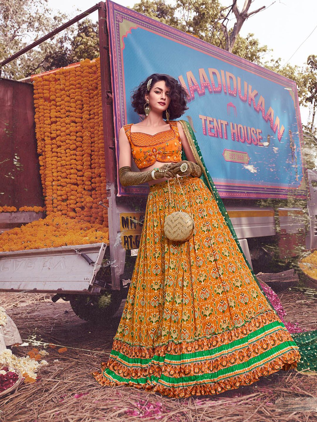 ODETTE Mustard & Green Embroidered Thread Work Semi-Stitched Lehenga & Unstitched Blouse With Dupatta Price in India