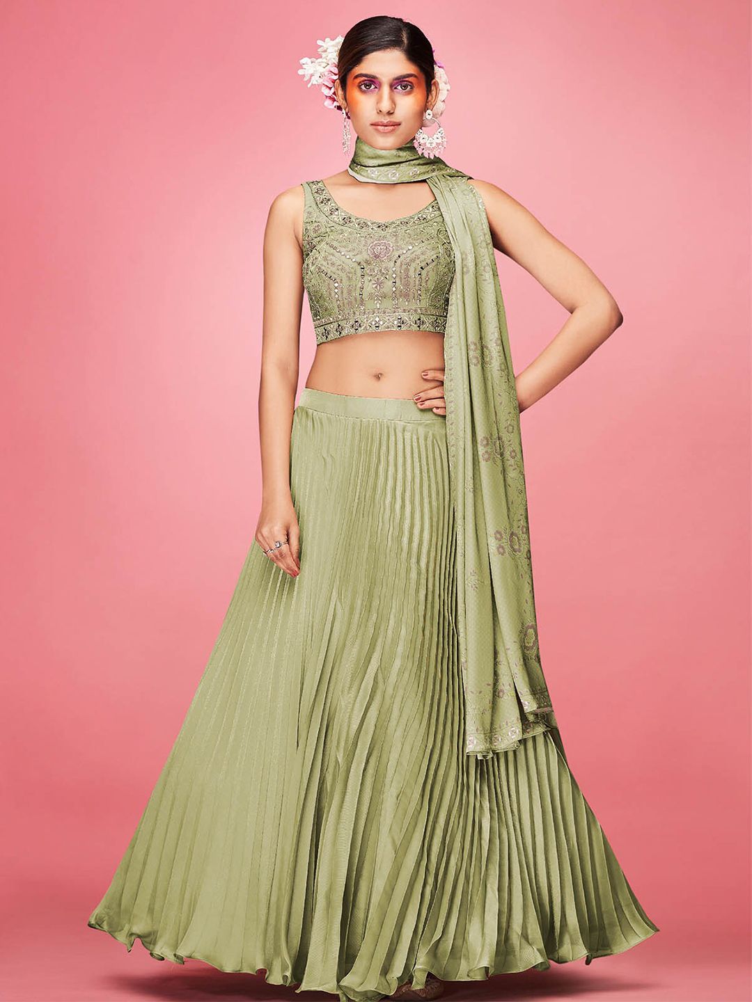 ODETTE Olive Green & Gold-Toned Embroidered Semi-Stitched Lehenga & Unstitched Blouse With Dupatta Price in India