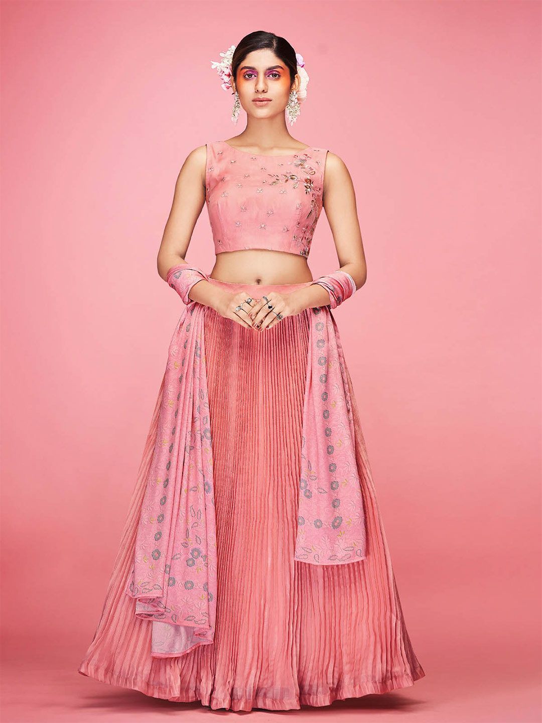 ODETTE Women Pink & Gold-Toned Semi-Stitched Lehenga & Unstitched Blouse With Dupatta Price in India