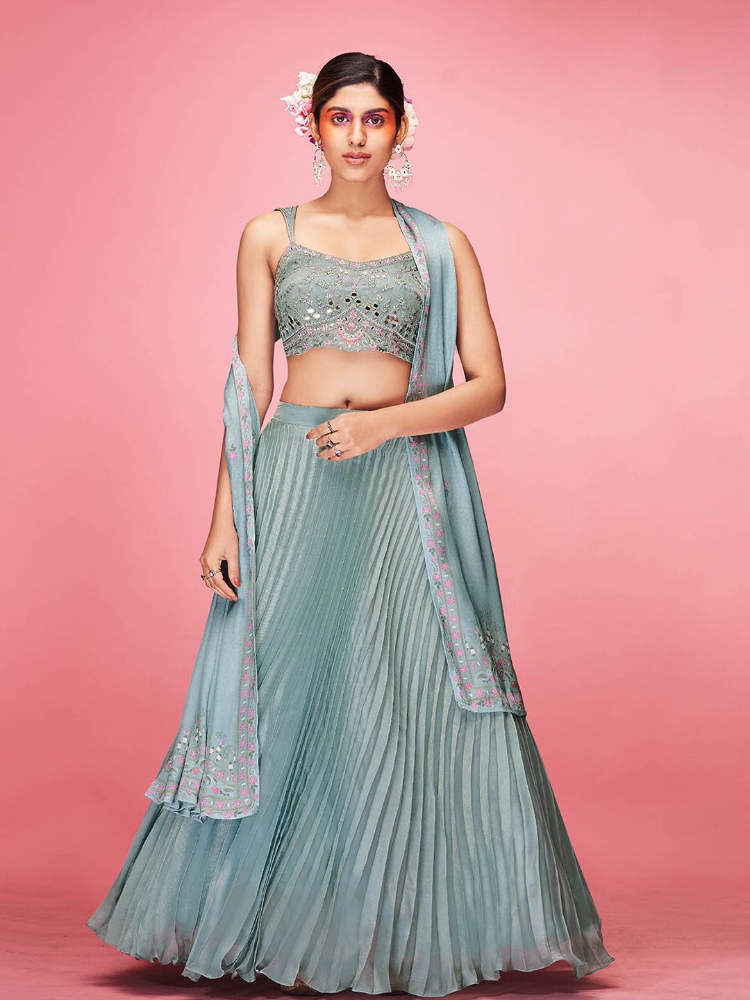 ODETTE Blue & Pink Mirror Work Embroidered Semi-Stitched Lehenga Choli Set Price in India