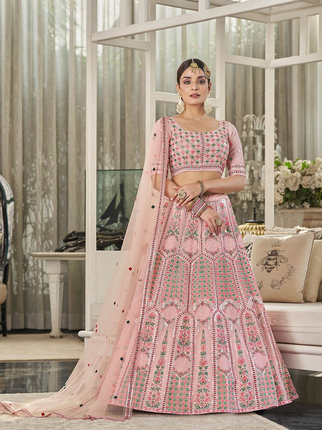 ODETTE Pink & Green Embellished Semi-Stitched Lehenga & Unstitched Blouse With Dupatta Price in India