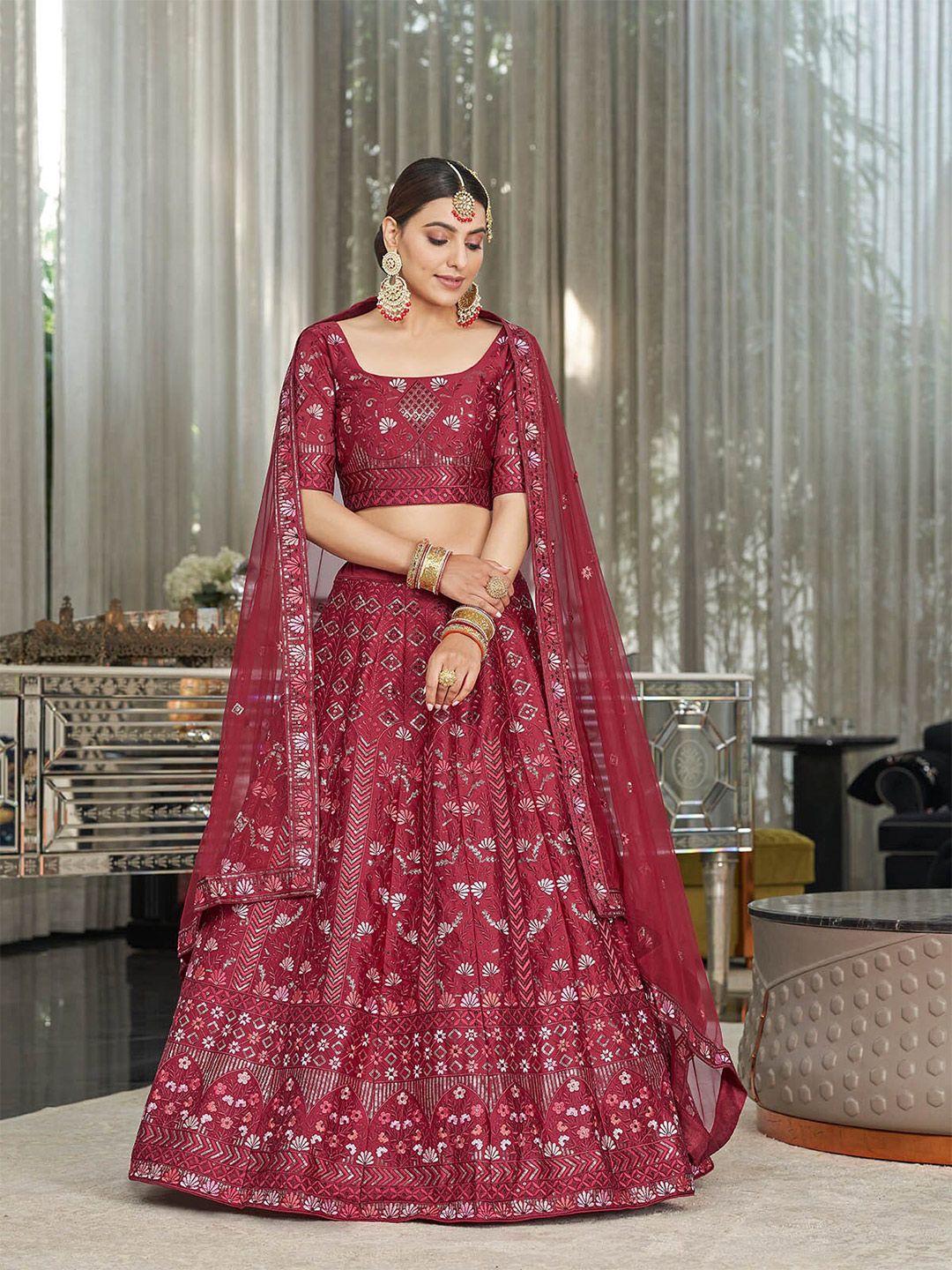 ODETTE Maroon Embellished Semi-Stitched Lehenga & Unstitched Blouse With Dupatta Price in India