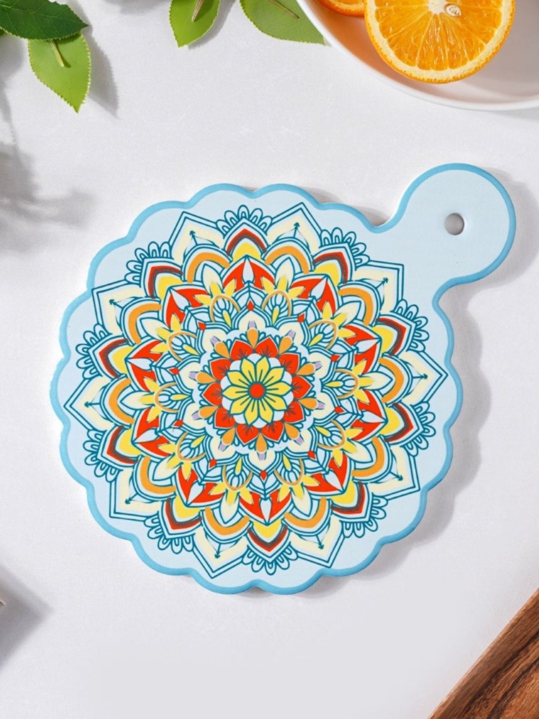 Nestasia Blue & Yellow Printed Ceramic Glossy Mandala Platter With Handle Price in India