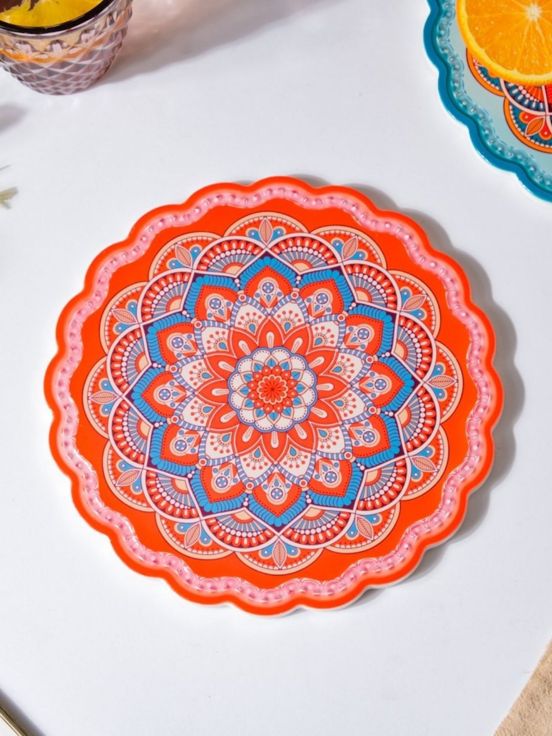 Nestasia Orange Colored & Blue Floral Mandala Printed Ceramic Trivet Price in India