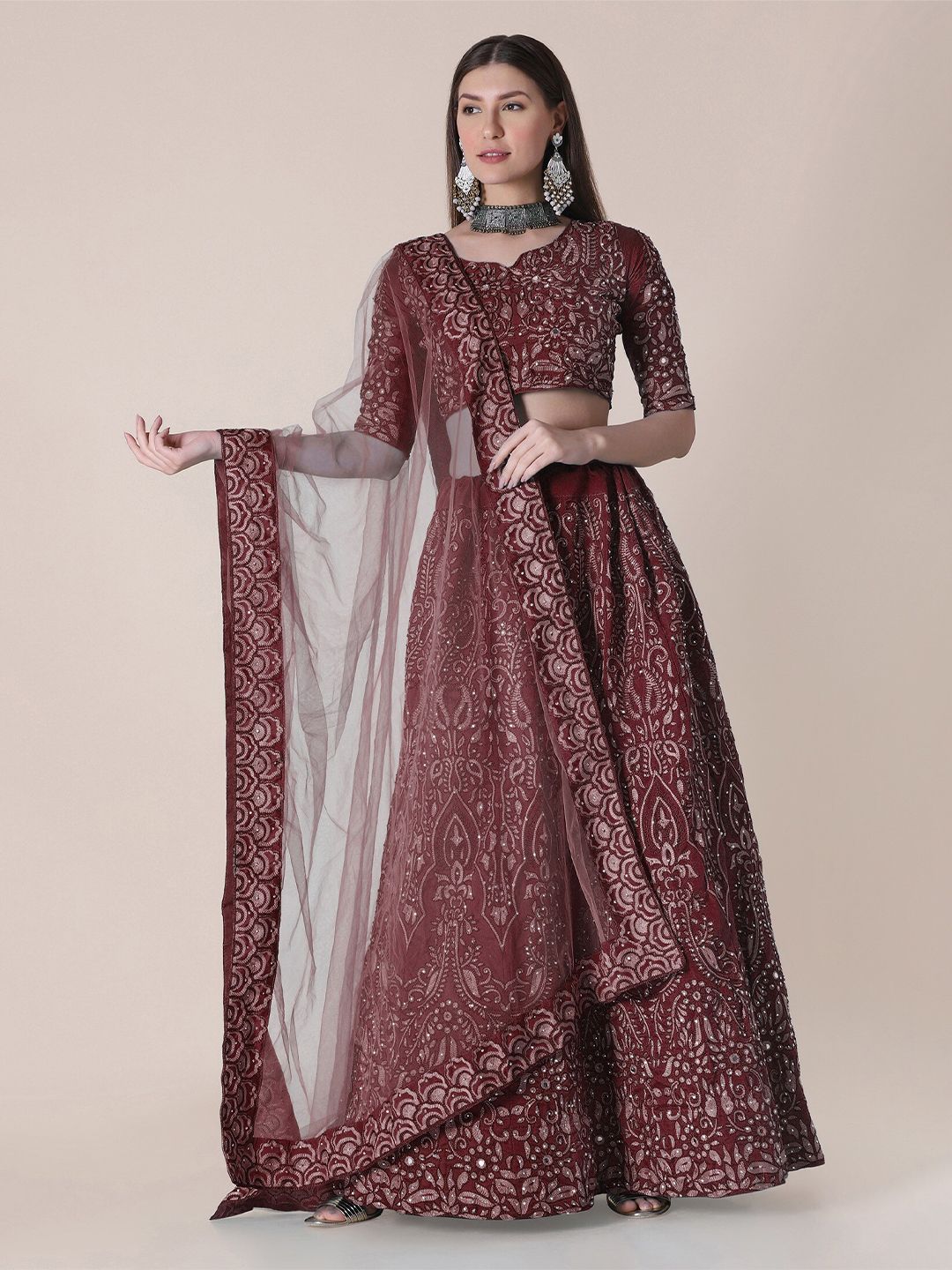 Warthy Ent Maroon & White Embroidered Thread Work Semi-Stitched Lehenga & Unstitched Blouse With Dupatta Price in India