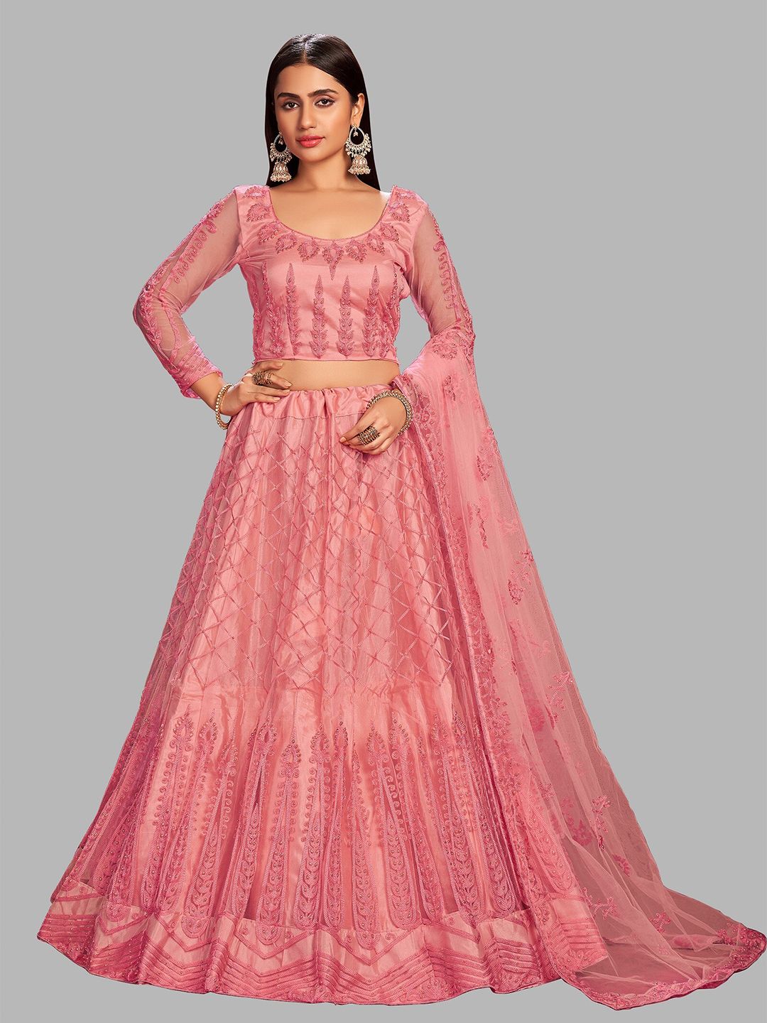 Warthy Ent Pink Embroidered Thread Work Semi-Stitched Lehenga & Unstitched Blouse With Dupatta Price in India