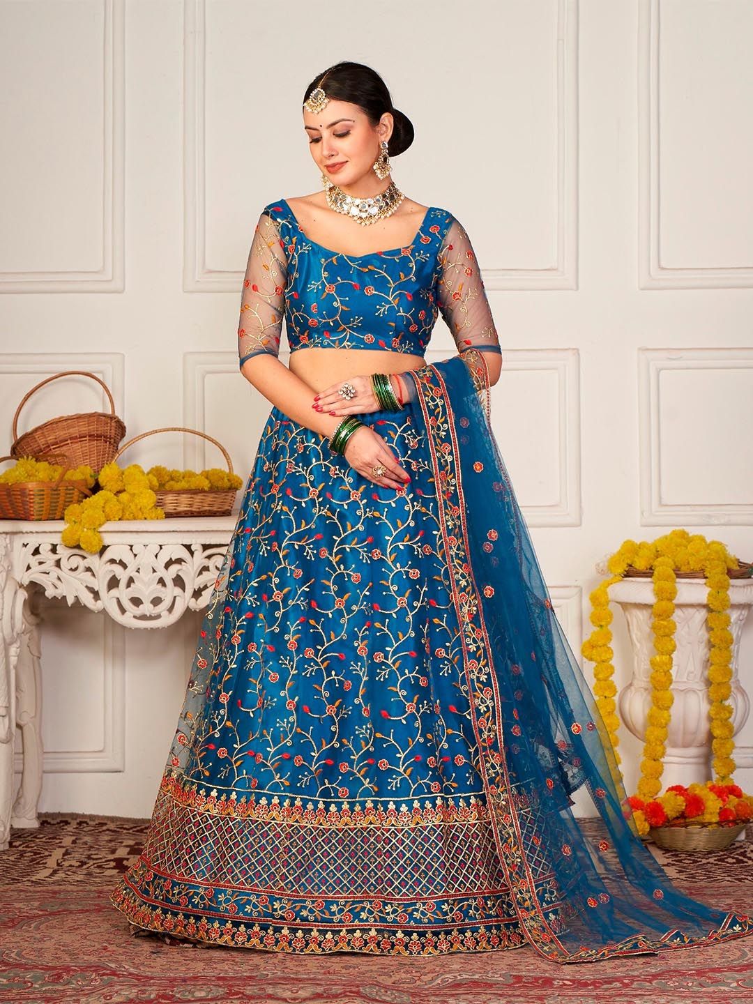 Warthy Ent Turquoise Blue & Red Embroidered Thread Work Semi-Stitched Lehenga & Unstitched Blouse With Price in India