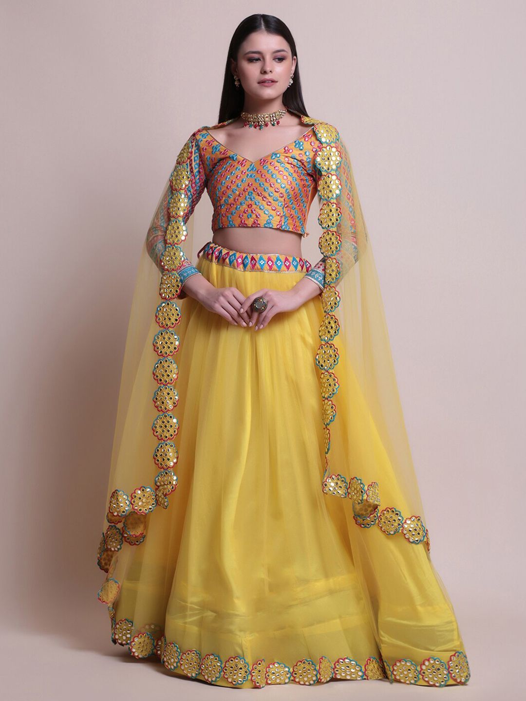 Warthy Ent Yellow & Blue Embroidered Mirror Work Semi-Stitched Lehenga & Unstitched Blouse With Dupatta Price in India