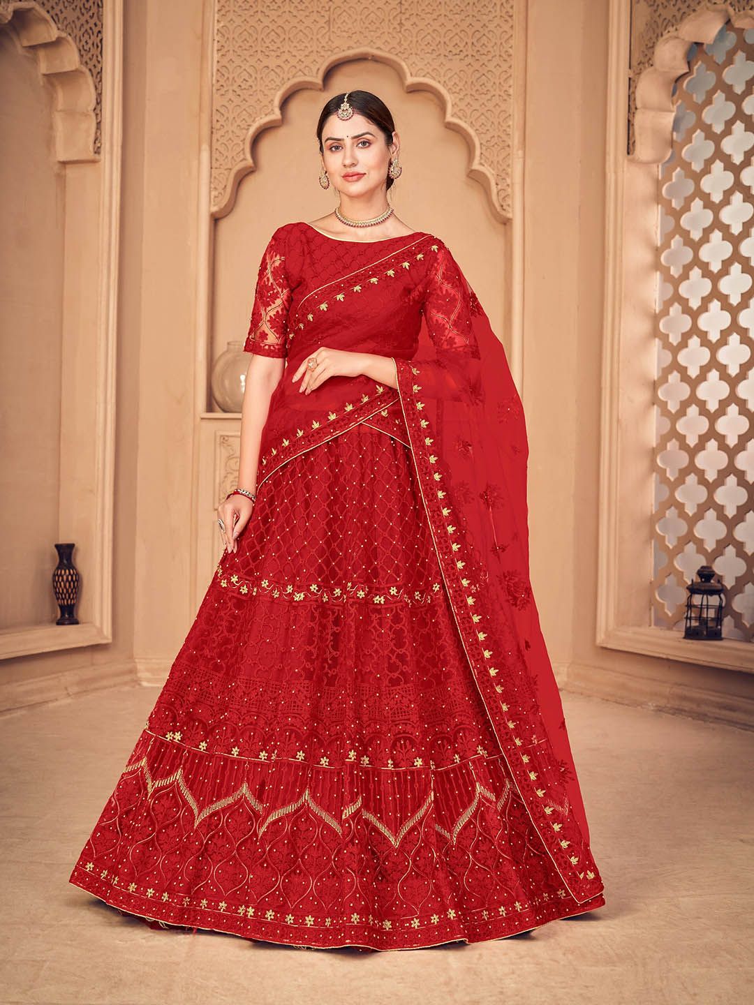 Warthy Ent Red & Gold-Toned Embroidered Thread Work Semi-Stitched Lehenga & Unstitched Blouse With Dupatta Price in India