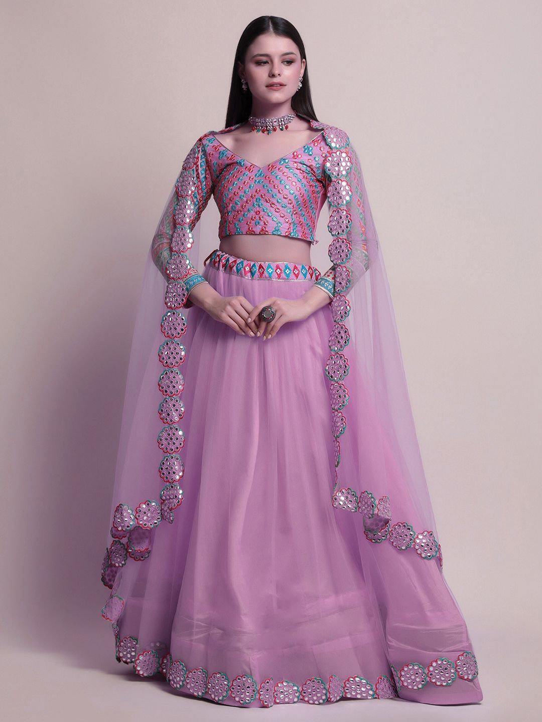 Warthy Ent Lavender & Red Embroidered Mirror Work Semi-Stitched Lehenga & Unstitched Blouse With Dupatta Price in India