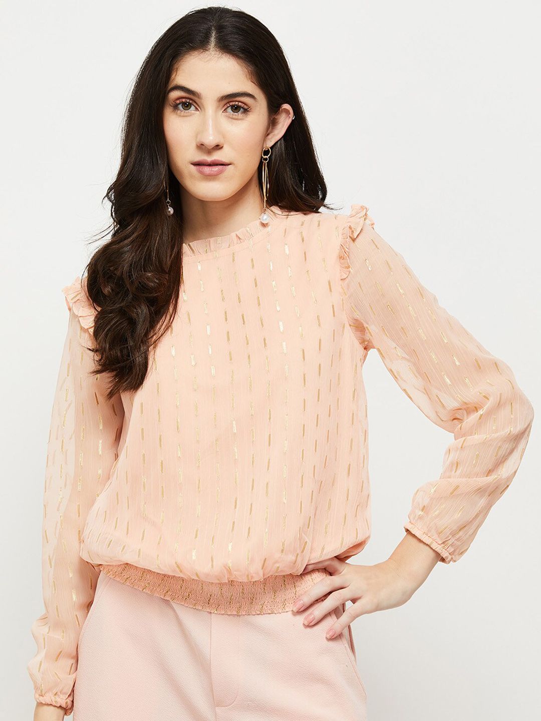 max Women Pink Blouson High Neck Top Price in India