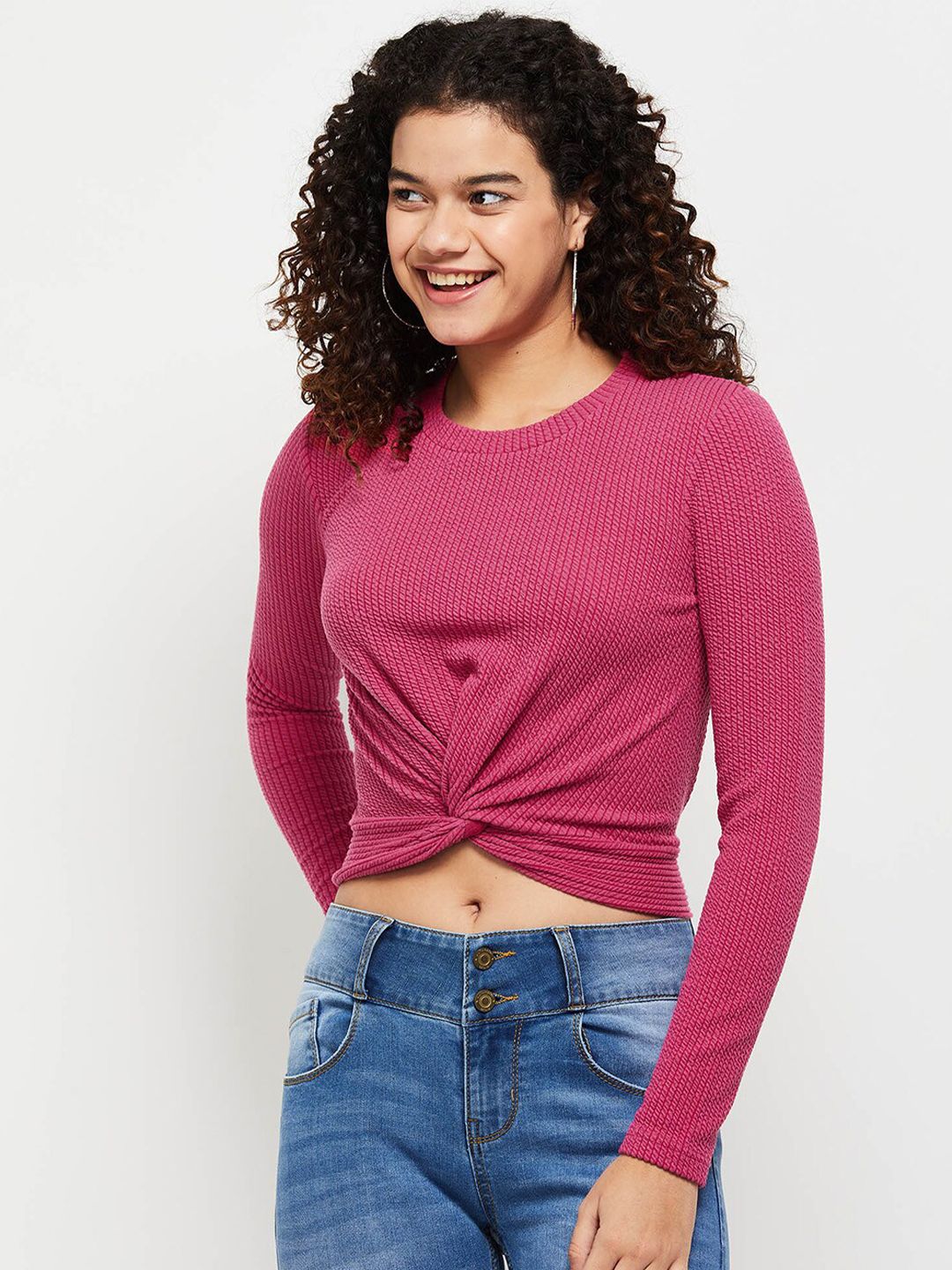max Fuchsia Pink Solid Crop Top Price in India
