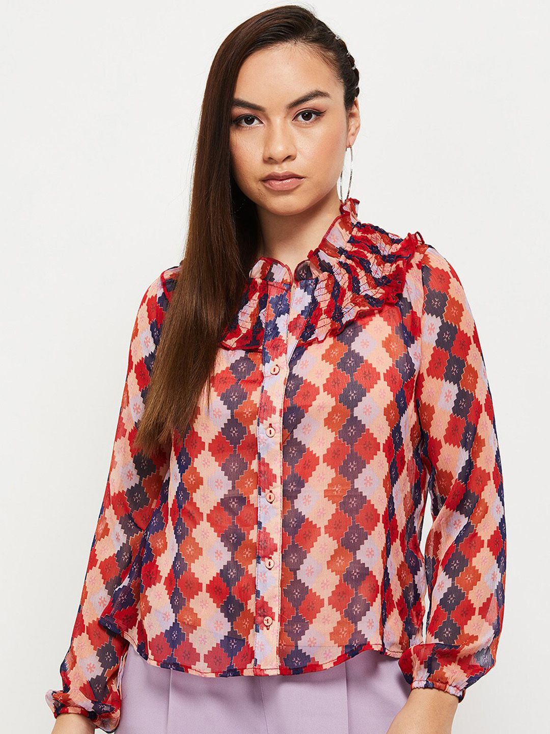 max Red & Blue Geometric Print Tie-Up Neck Shirt Style Top Price in India