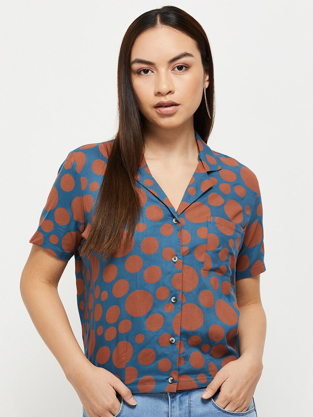 max Women Teal Geometric Print Shirt Style Top Price in India