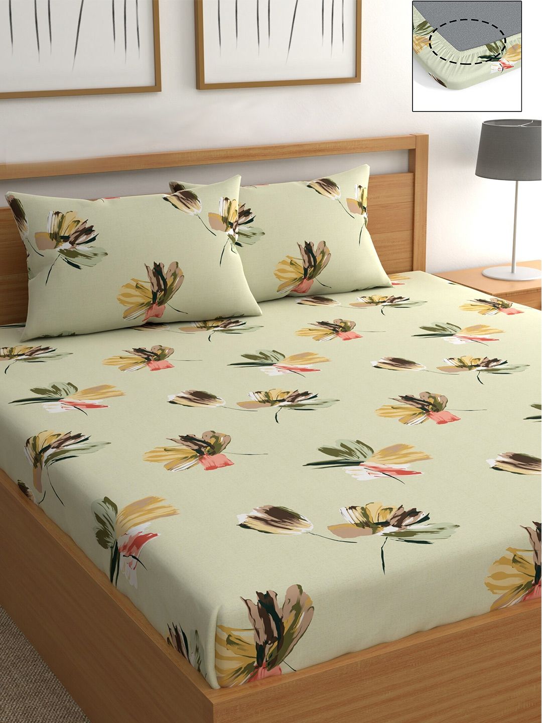 CHHAVI INDIA Olive Green & Pink Floral 210 TC Queen Bedsheet with 2 Pillow Covers Price in India