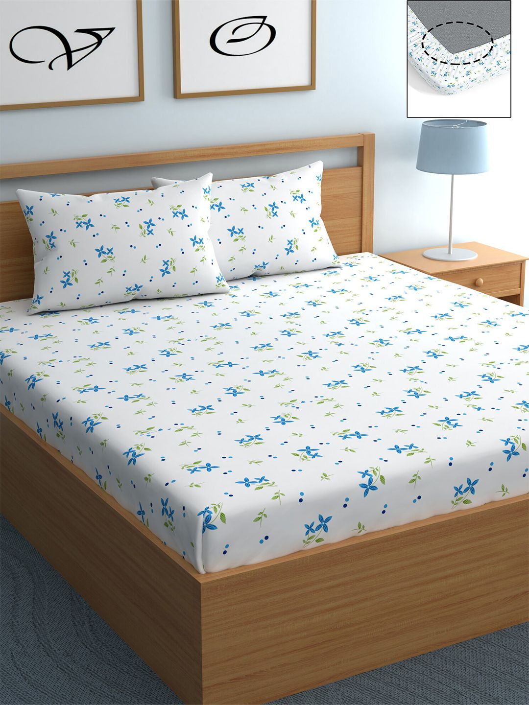 CHHAVI INDIA 210 TC White & Blue Floral Printed Fitted Queen Bedsheet with 2 Pillow Covers Price in India