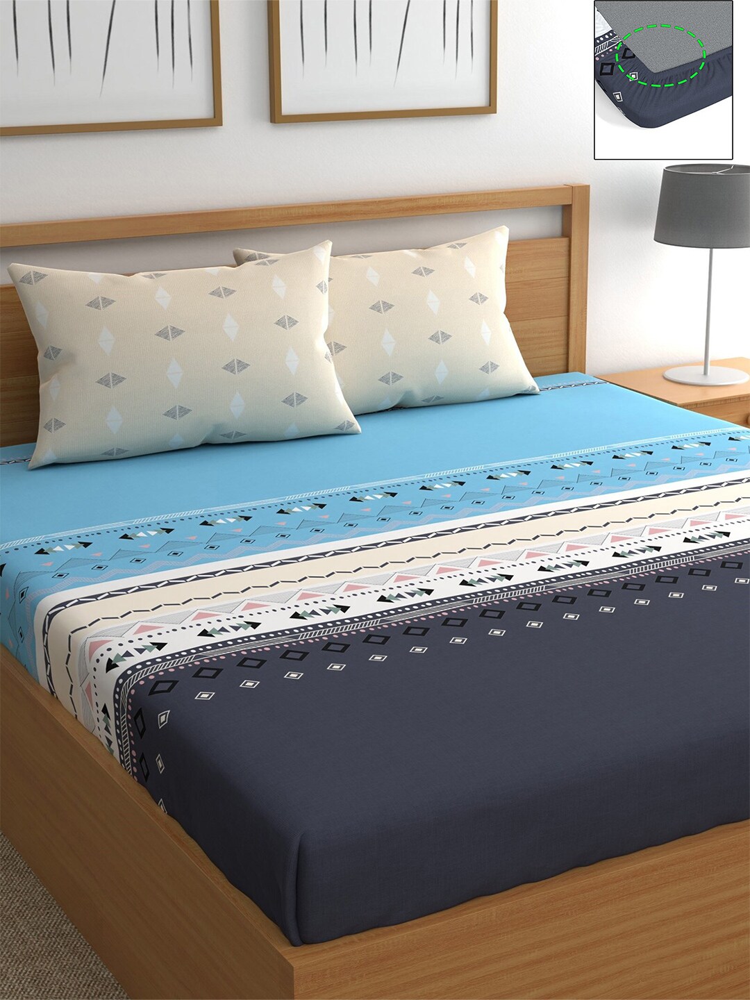 CHHAVI INDIA Blue & White Geometric 210 TC Queen Bedsheet with 2 Pillow Covers Price in India