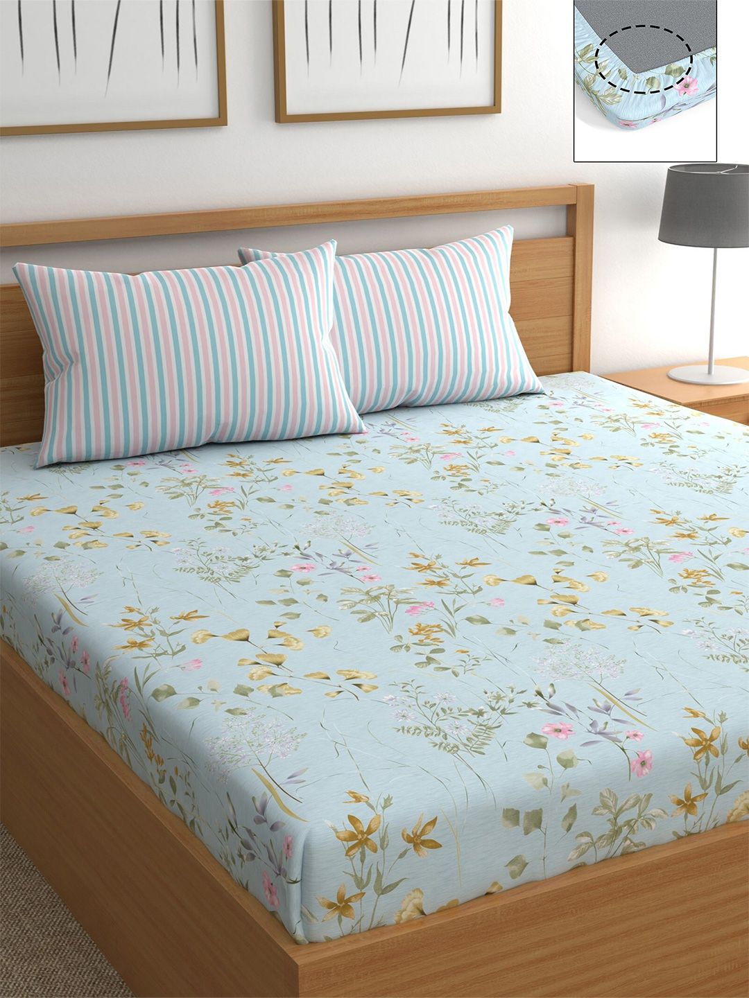 CHHAVI INDIA Blue & Pink Floral 210 TC Queen Bedsheet with 2 Pillow Covers Price in India