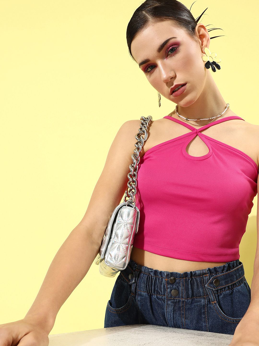 Moda Rapido Blush Pink Solid Cut-Out Detail Emo 2.0 Strings Attached Crop Top Price in India