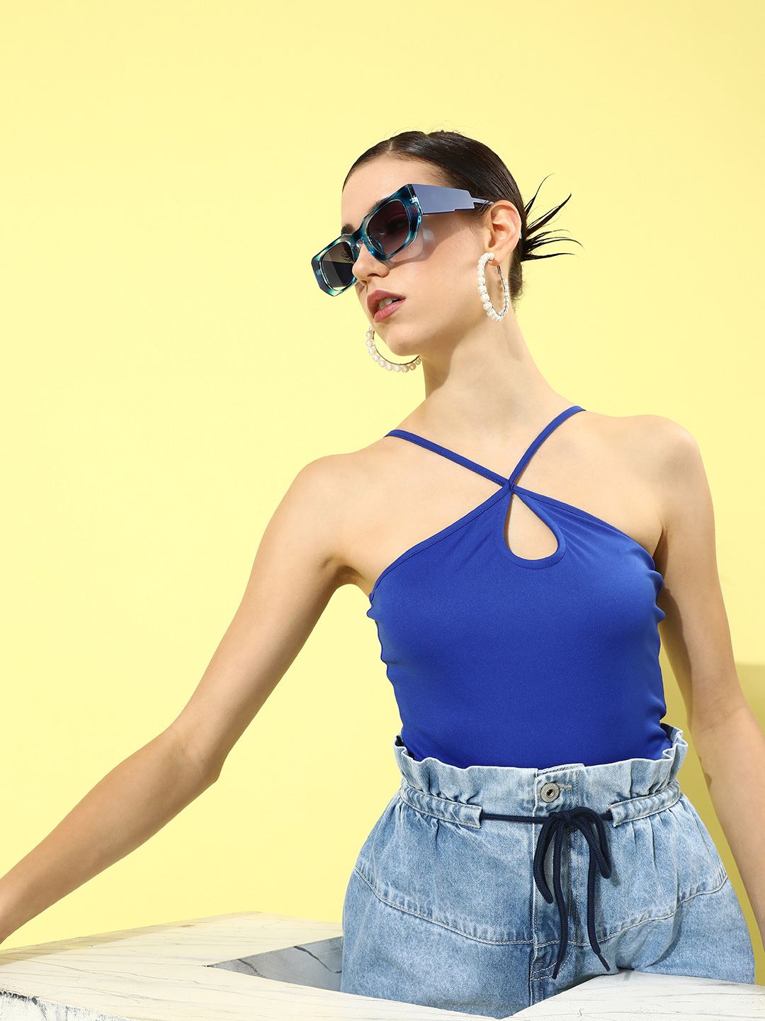 Moda Rapido Royal Blue Solid Cut-Out Detail Emo 2.0 Strings Attached Crop Top Price in India