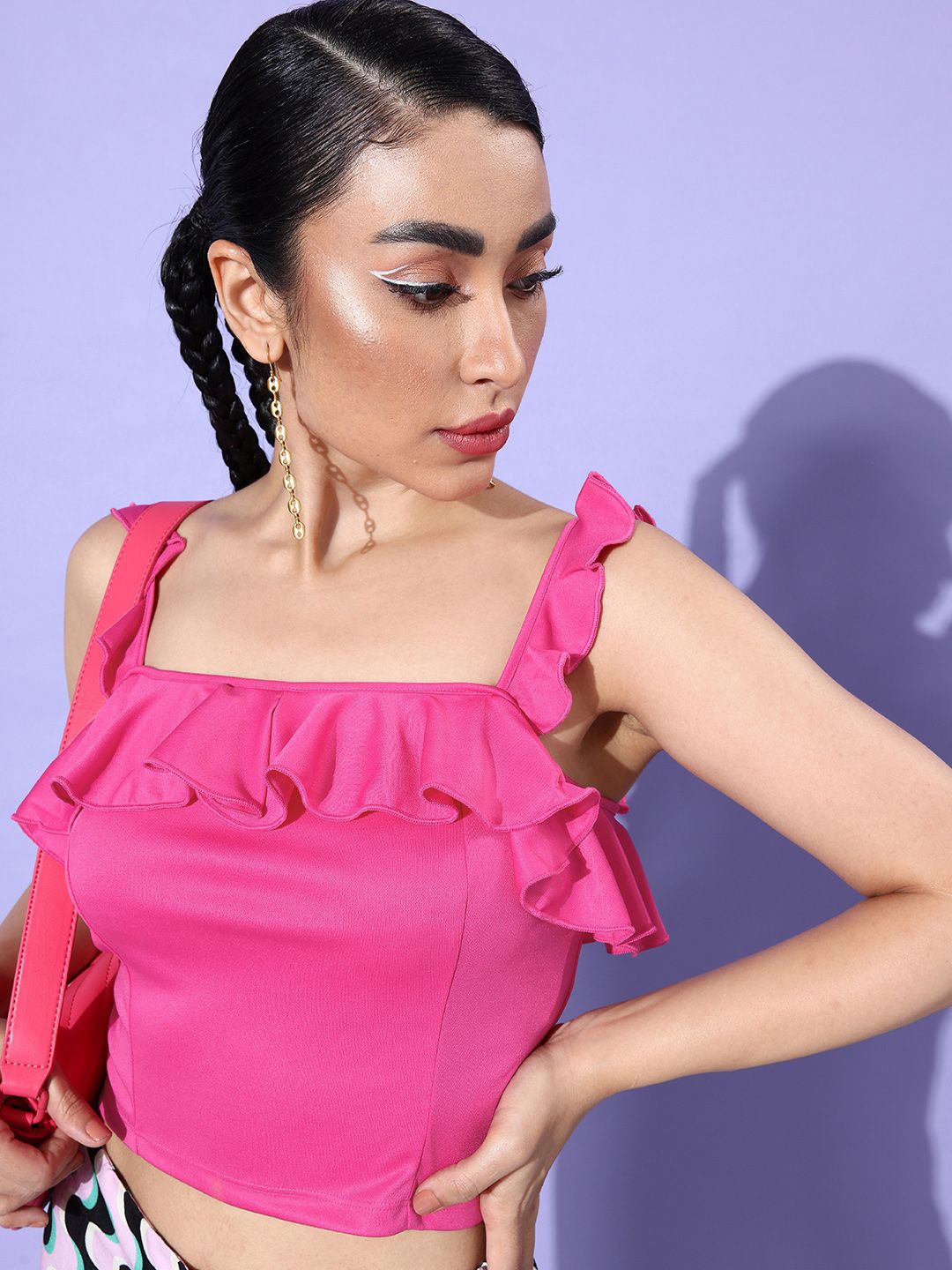 Moda Rapido Hot Pink Winter Ramble Feminine Frills Ruffles Crop Top Price in India