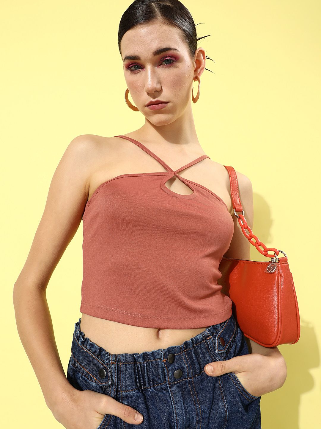 Moda Rapido Rosy Rust Solid Cut-Out Detail Emo 2.0 Strings Attached Crop Top Price in India